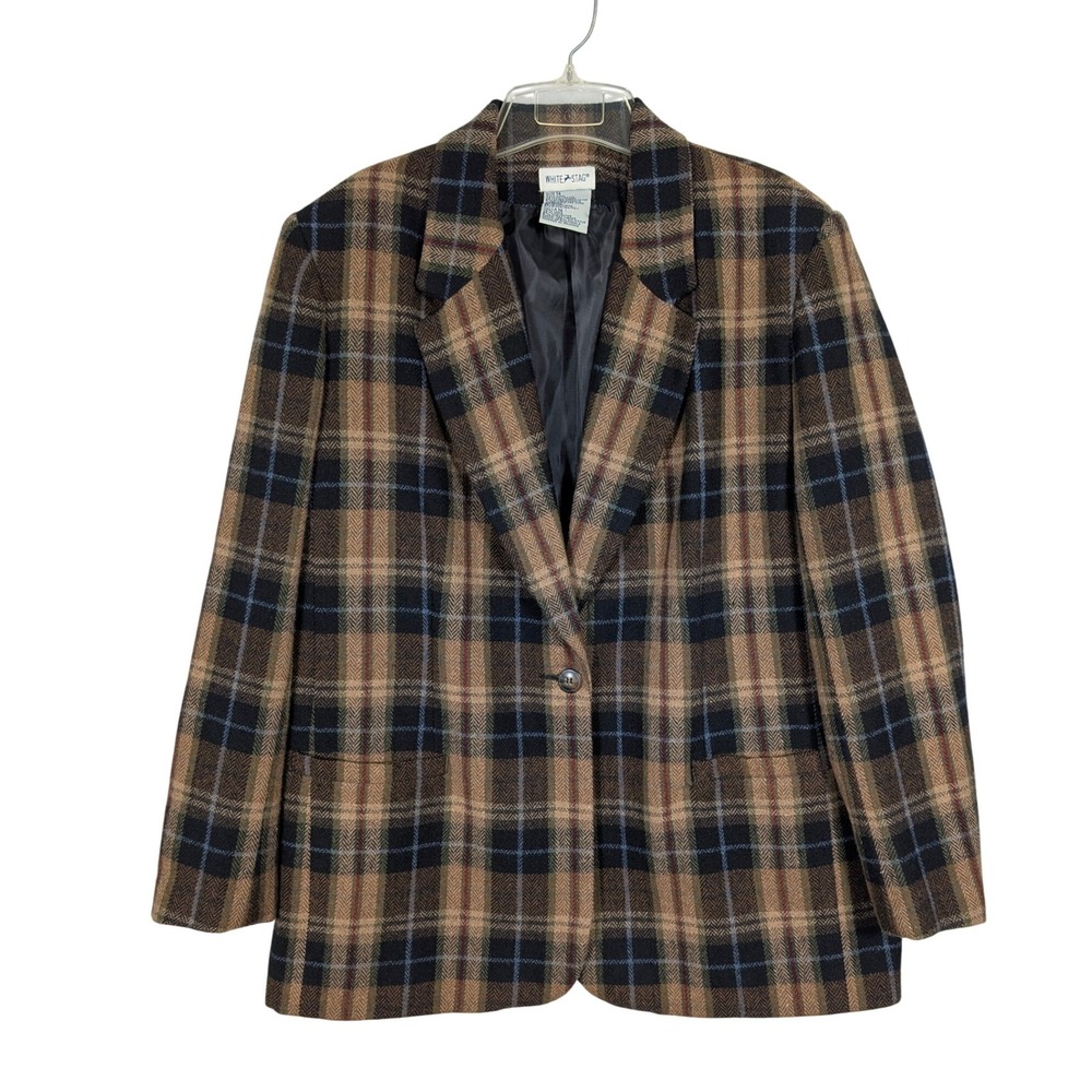 Y2K White Stag Oversized Plaid Wool‎ Blend Boyfriend Blazer Jacket Size 14 Lined